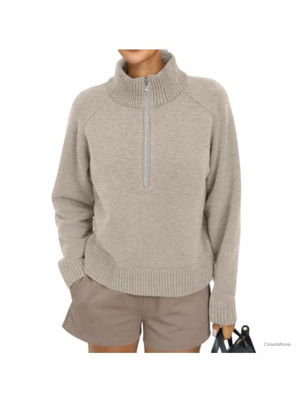 Wool Blend Half Zip Mock Neck Chunky Pullover Sweater Women's